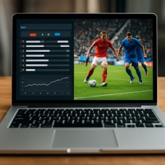 Laptop showing live sports stats and a football match in progress