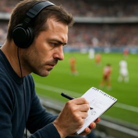 A person watching a live sporting event and making notes for real-time tactical adjustments