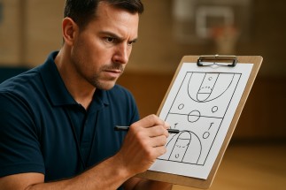 Basketball coach diagramming man defense strategy on clipboard