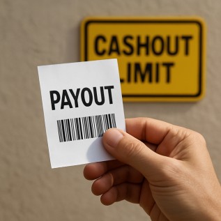 A colorful illustration of a hand holding a payout slip with a cashout limit sign in the background