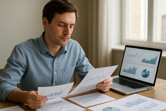 Illustration of a calm individual reviewing financial charts for forecasting decisions