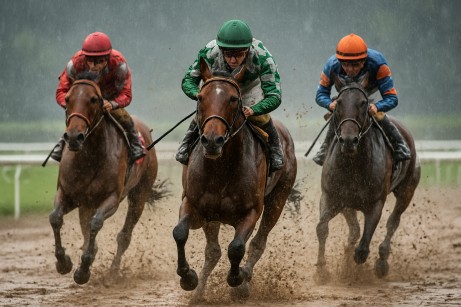Horses kicking up mud during a rainy race day