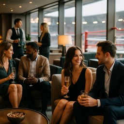 Guests mingling and enjoying amenities in a luxury ringside seating lounge