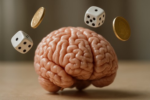 A cartoon brain juggling coins and dice, symbolizing the mental aspect of gaming