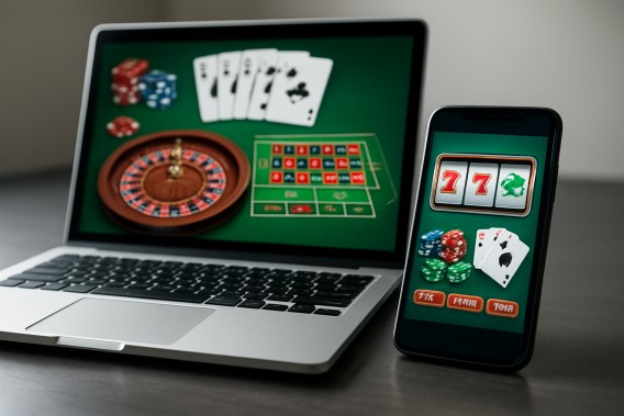 Laptop and smartphone with gambling websites open, focusing on digital gaming
