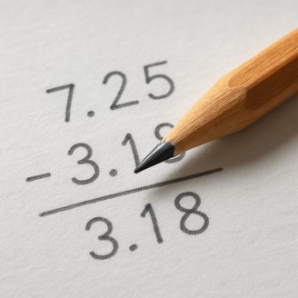A pencil and paper with handwritten decimal subtraction