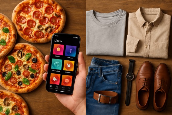 Illustration of permutations in daily scenarios: pizza toppings, playlists and outfit choices