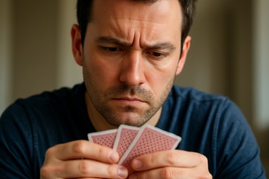 Person weighing cards with a thoughtful poker face