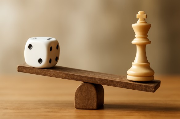 A seesaw balancing a die and a chess piece representing skill and chance