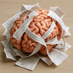 Cartoon image showing a brain tangled up with numbers and betting slips