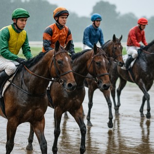 Jockeys preparing on a rainy day, horses on wet track