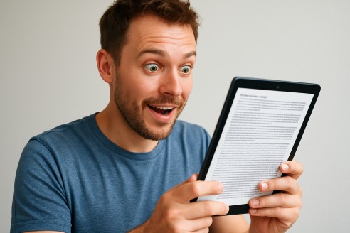 Person reading terms and conditions on a tablet, looking surprised but amused