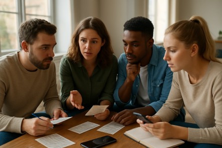 Friends reviewing their responsible betting tactics after a winning streak