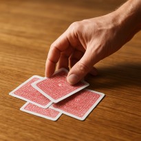 Hand placing cards on table symbolizing responsible choices in games of chance