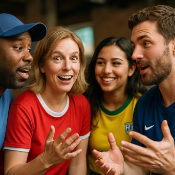 Friendly group of fans discussing the outcomes of group stage upsets