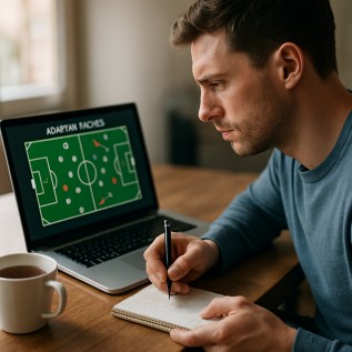 Player using adaptive tactics on laptop, making notes with a cup of tea nearby