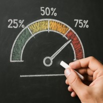 A hand drawing a risk meter on a chalkboard for analysing betting risk using percentage data