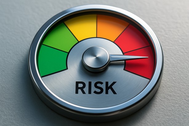 Risk meter illustration showing low to high risk with colored segments