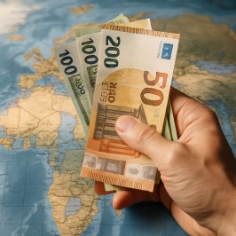 Hand holding euro bills over a map, symbolizing international payments