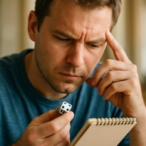 Person considering new gameplay strategy with notepad and dice