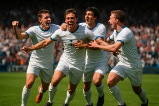 Soccer players celebrating a last minute goal