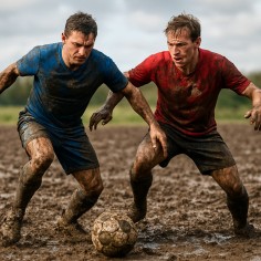 Soccer players struggling for balance on a muddy field