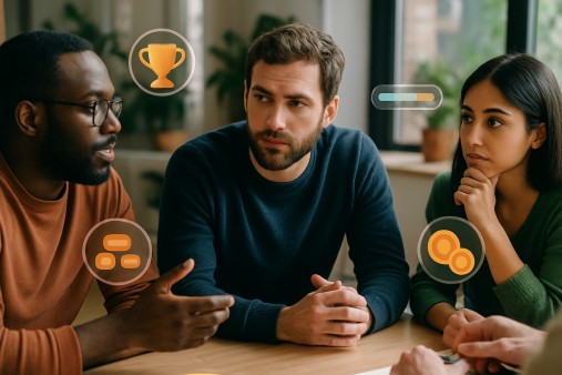 Players discussing strategies in an online betting community with gamified icons