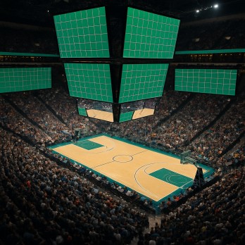 Overhead view of a lively sports arena with live odds displayed on screens