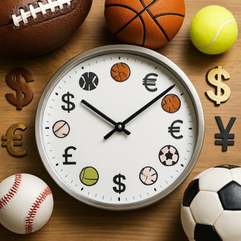 Cartoon clock surrounded by sports icons and currency symbols