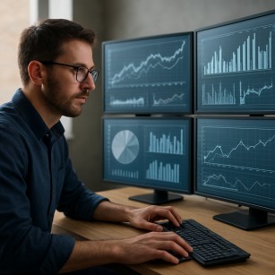 Data analyst reviewing sports statistics on multiple monitors