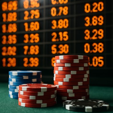 A close-up of poker chips and a live odds board showing changing numbers
