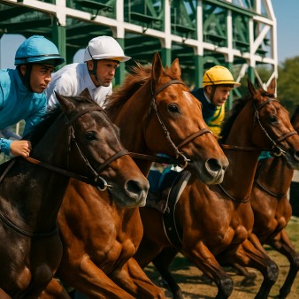 Thoroughbred horses at the starting gate in a state-sponsored race