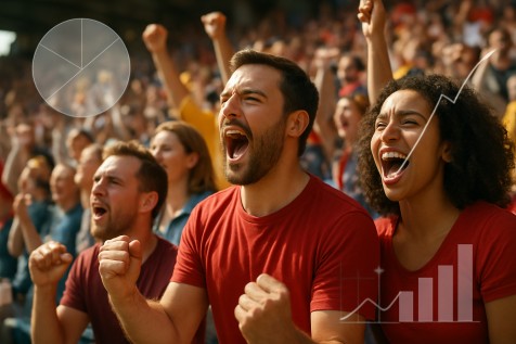 Fans at a sporting event with statistical overlays showing probabilities