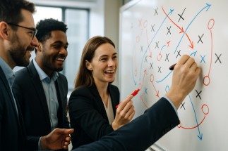 A group of people planning game tactics on a whiteboard