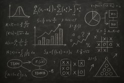 Blackboard with math formulas, betting charts and quirky strategy doodles