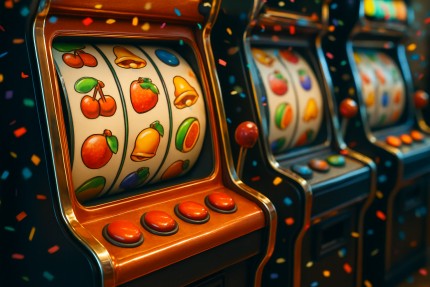 Cartoon slot machines with spinning reels and confetti for fun play