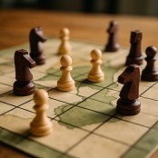 Game board with pieces illustrating strategic moves