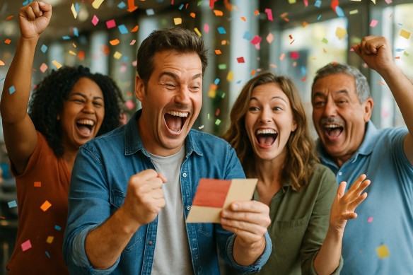 A group of excited people celebrating together after a successful jackpot win