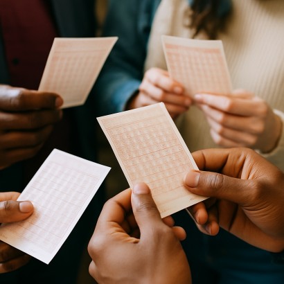 A collection of lottery tickets being held by a group ready for a jackpot draw
