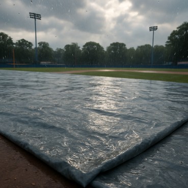 Sports field covered with tarp during a rainstorm pause in game