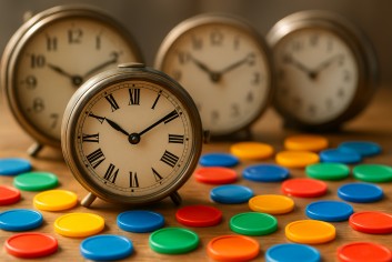 Clock faces and gaming tokens, symbolizing the timing of incentives