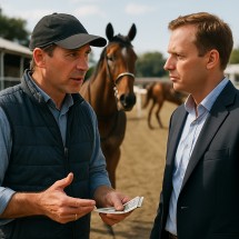Horse trainer discussing fees with an owner at the racetrack