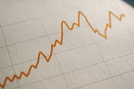 A stylized line chart showing fluctuating values over time