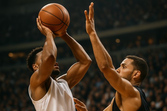 Basketball player taking a shot against a heavily favored opponent