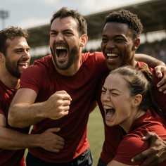 A team of athletes celebrating an unexpected semi final victory