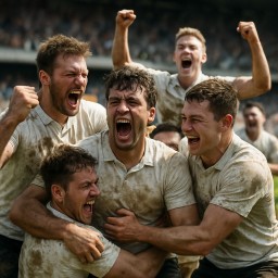 Team celebrating unexpected sports win on the field