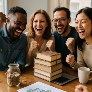 People cheering around a table, showing multiple interpretations of value