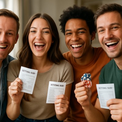 Smiling friends celebrating a betting winning streak together