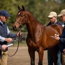 Buyers examine a yearling’s conformation before the auction as they consider recent race results and pedigree